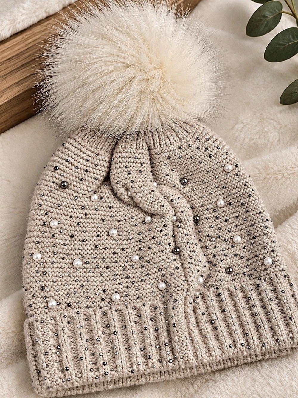 Embellished Pom-Pom Beanie in Beige Like New